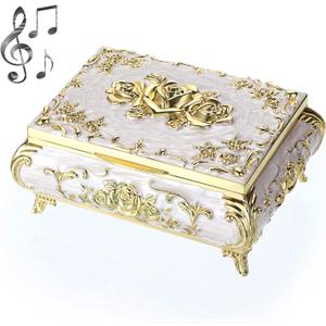 ELLDOO Vintage Music Box, Beige Metal Musical Jewelry Box Keepsake Box, Small Trinket Jewelry Storage Box Gift for Girl Women (Tune: You are My Sunshine)