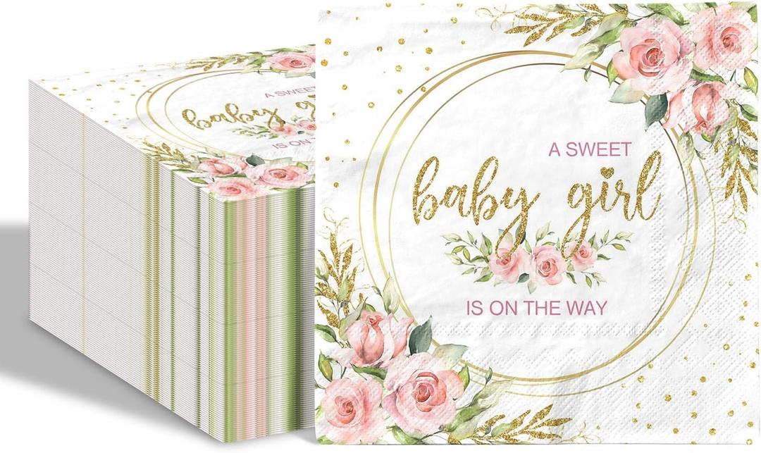 80 Pcs Sweet Baby Girl Paper Napkins It's a Girl Baby Shower Disposable Napkins Watercolor Pink Floral Napkins for Girl Baby Shower Party Supplies Table Decor