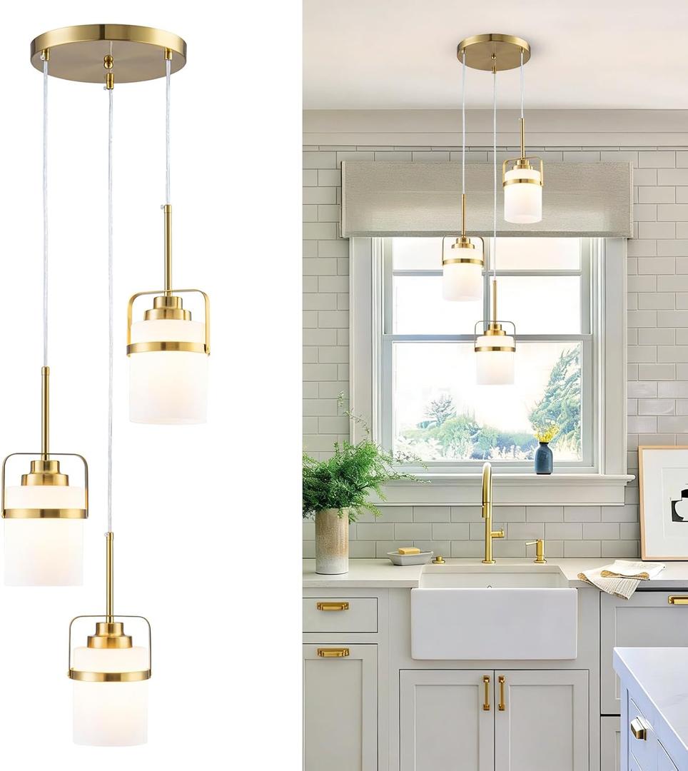 Brass 3-Light Pendant Lighting, Adjustable Cluster Hanging Light Fixture with Milk Glass Shade, Modern Pendant Light for Kitchen Island Dining Room Bar, 3-Light-Round Base