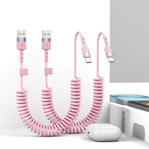 2Pack CarPlay USB A to USB C Coiled Charge Cable for iPhone 15,Short Car/Uber Charging Cord Sync Data Retractable Charger for iPhone 15/16 Pro Max, Samsung, for Apple CarPlay & Android Auto-4Ft Pink