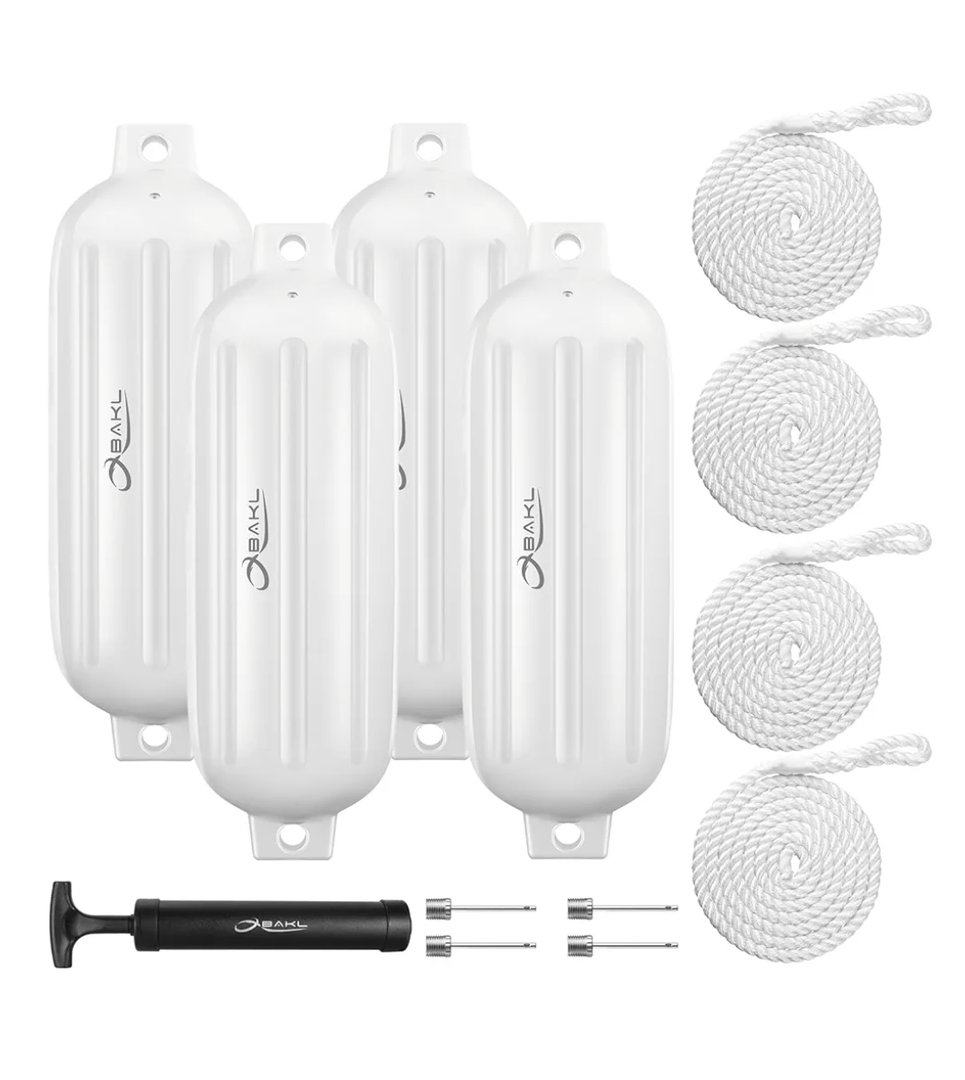 Boat Fenders 4 Pack 8.5 x 27 Inches Ribbed Twin Eyes Boat Fenders Bumpers for Docking, Comes with Ropes and Pump to Inflate