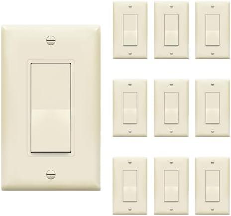 ENERLITES 3-Way Decorator Paddle Rocker Light Switch with Wall Plate, Gloss Finish, Single Pole or Three Way, 3 Wire, Grounding Screw, 15A 120V/277V, UL Listed, 93150-LAWP, Light Almond (10 Pack)