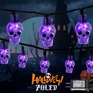70 LED Skull String Lights - 22.6ft Plug in Halloween String Light for Outdoor and Indoor Decor - Spooky Lighting for Patio, House, Bedroom, Parlor, Halloween Party Decorations (Purple)