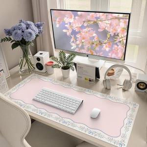 HAOCOO Cute Girly Computer Mat, Pink Bow XXL Mouse Pad for Gaming & Office, Non-Slip Waterproof Desk Matt for Desktop, Aesthetic Home Desk Accessories, Desk Pad Protector with Stitched Edges