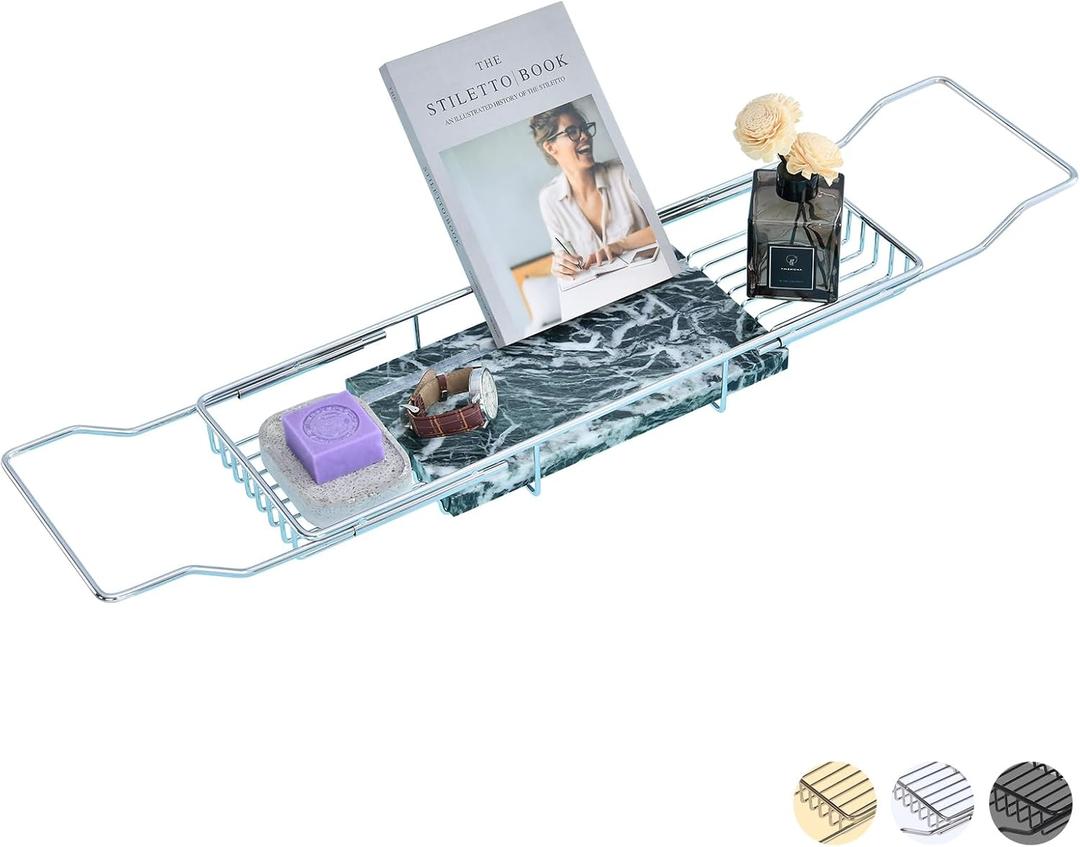 MARBBNEST Bathtub Tray Caddy for Luxury Bath Expandable Extra Wide Bath Tub Tray with Natural Marble Tray and Mobile/Tablet Stand, Ideal for Home Spa Lovers(Chrome + India Green)