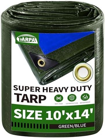 TARPAL 10x14 Tarp Heavy Duty Waterproof Tarp 16mil Thick Tarps with Metal Grommets Every 17.7" UV&Tear Resistant All-Weather Protection Cover for Firewood, Roof, Pool & Outdoor Furniture (Green/Blue)