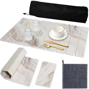 Stone Drying Mat for Kitchen Counter, 23.3"(L)15.3 (W) Collapsible Dish Drying Mat, Eco-Friendly Absorbent Diatomaceous Earth Mat for Dishes Bottles Cups, Match Any Countertop (White Gold)
