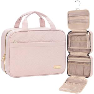 Large portable women's travel toiletry bag with hanging organizer for full-size shampoo, conditioner, makeup brush set, makeup accessories (Pink)