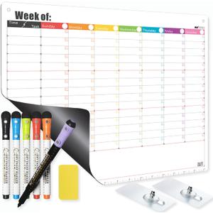 Magnetic Chore Chart for Adults & Kids Dry Erase Calendar for Refrigerator or for Wall - Weekly Whiteboard Planner Timetable to-Do List with Adhesive Hooks for Hanging 5+1 Marker Combo 1 Eraser