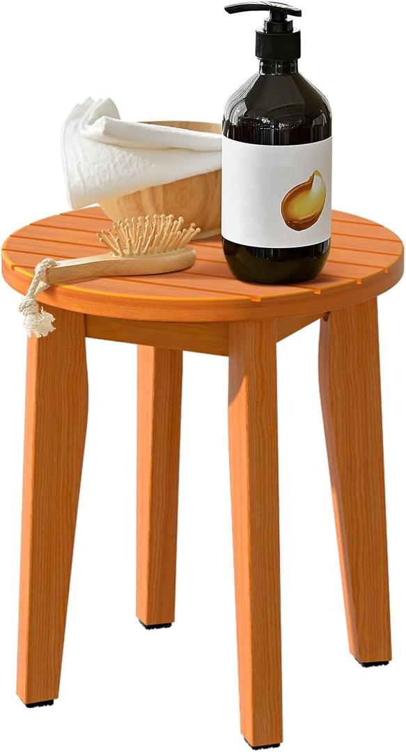 Round 16 Inch Bamboo Waterproof Shower Bathroom Stool Chair, Duty Wooden Bath Corner Shaving Legs Bench Seat (Honey Bamboo, XL)