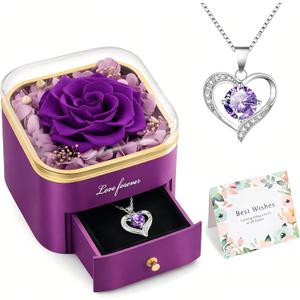 Beferr Birthday Gifts for Women Preserved Real Rose with Necklace Eternal Purple Roses Forever Flowers for Delivery Anniversary Mothers Day Flower Gifts for Mom Wife Grandma Daughter Her Girlfriend