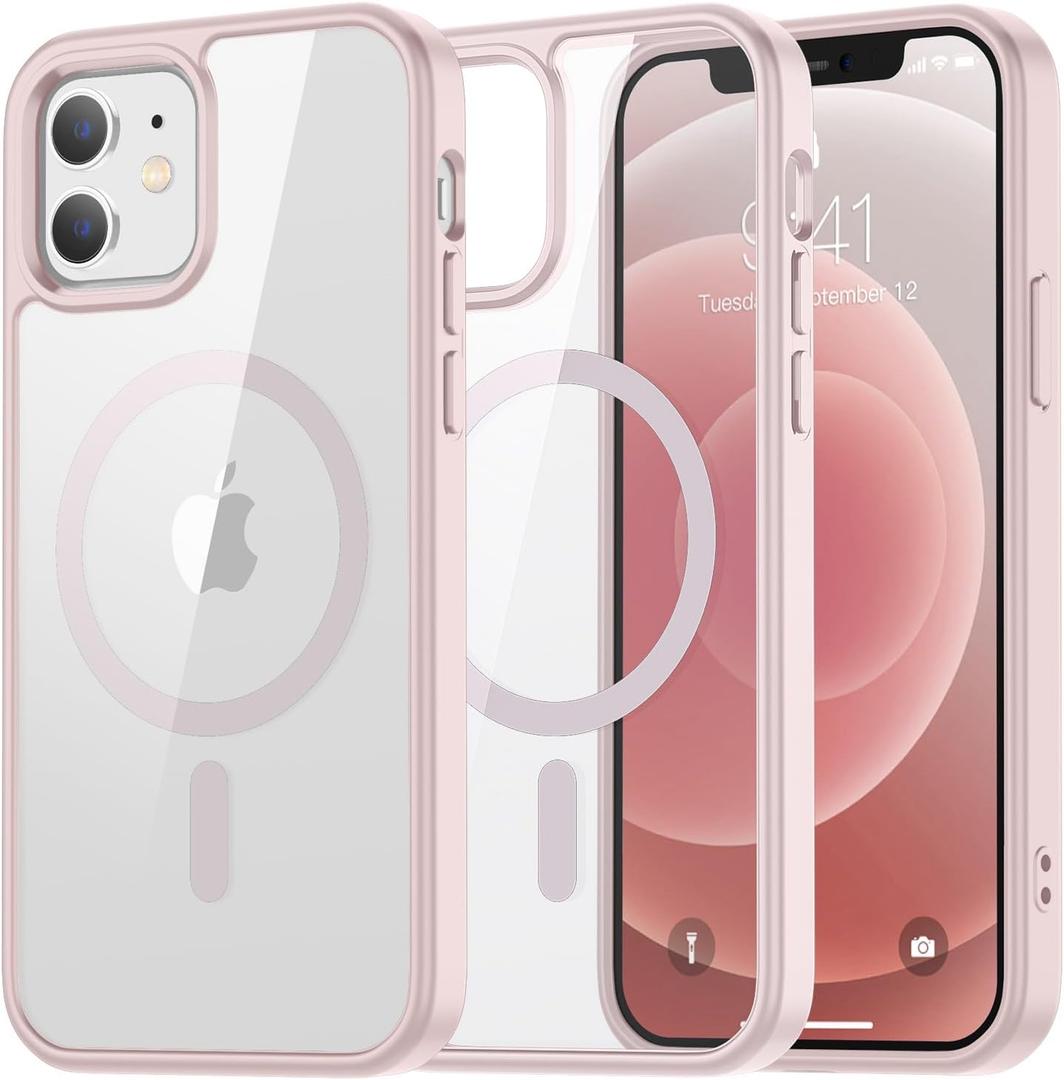 SUPFINE Magnetic for iPhone 12 Case,iPhone 12 Pro case, [Compatible with MagSafe][Clear Hard Back with Soft TPU Bumper][12FT Military Grade Drop Protection] Shockproof Phone Case,Clear Light Pink