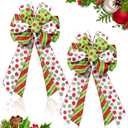 Crowye 2 Pcs Christmas Wreath Bows 10 x 18 Inch Large Christmas Tree Topper Bow Xmas Tree Glitter Dot Bows Ribbons Ornaments for Xmas Outdoor Home Party Ornament Decoration(Classic Color)