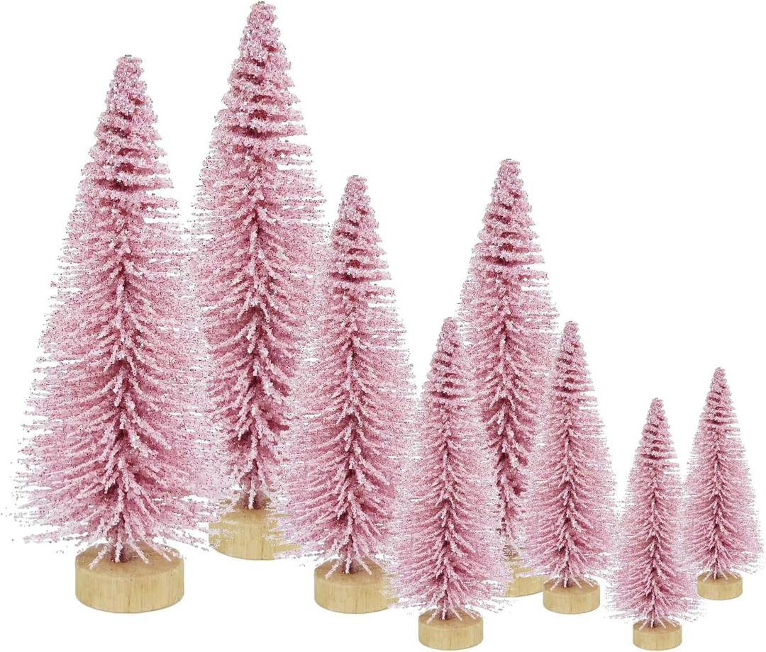 8 Pcs Artificial Mini Christmas Trees, Miniature Pine Trees Sisal Trees with Wood Base Tabletop Christmas Tree for Christmas Xmas Holiday New Year (Pink, 8 pcs)