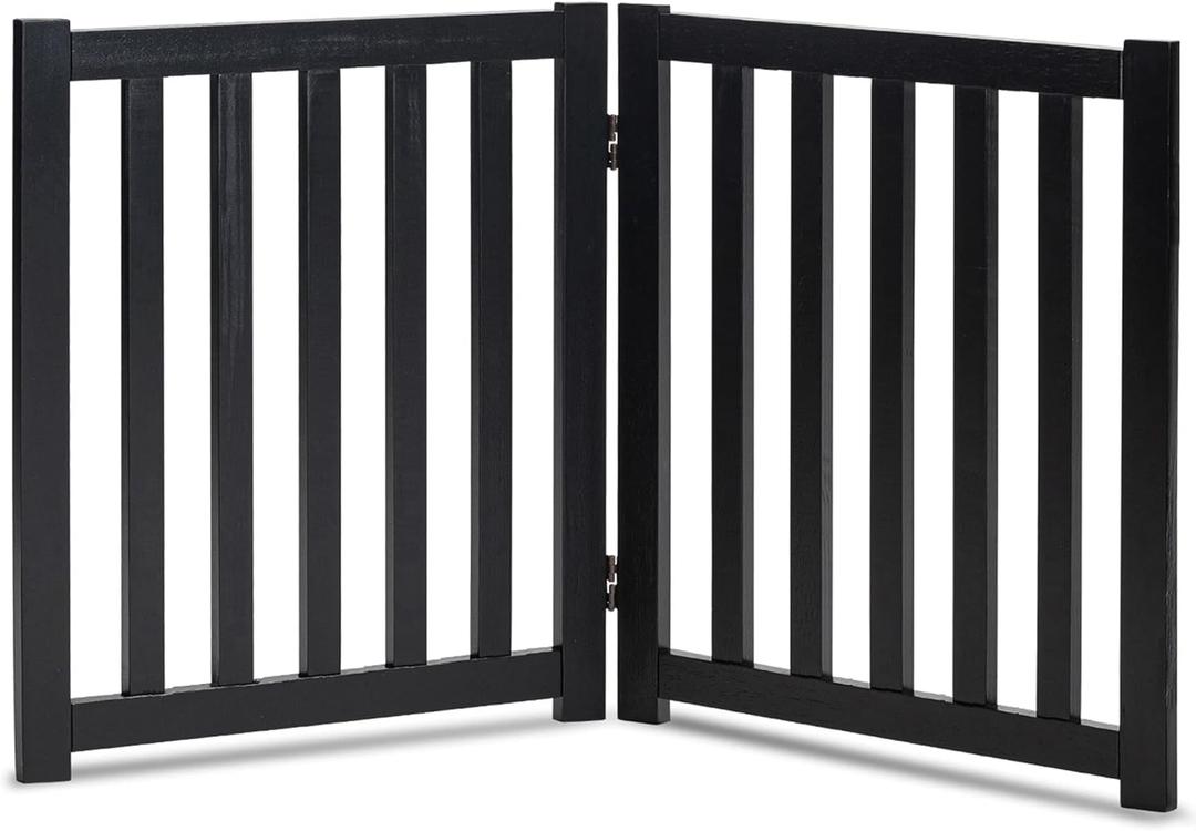 LZRS 2-Panel Wooden Free Standing Foldable Dog Gate Indoor  Solid Hardwood 24" High, Step-Over Safety Pet Gate for Doorways, Stairs & Small Spaces - Indoor Use, Black