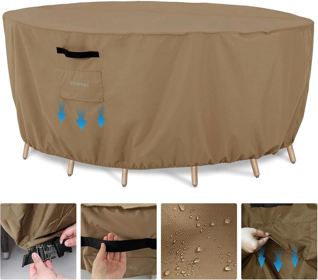 Tempera Patio Table Cover , Sectional Sofa , Dining Set Cover Outdoor , Anti-Fading , Waterproof for Outside Furniture, 110"D x 27.8"H, Taupe