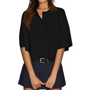 Cicy Bell Womens Half Sleeve Cardigan Sweaters Cropped Button Down Tops Oversized Lightweight Ribbed Knit Summer Outfits L, Black