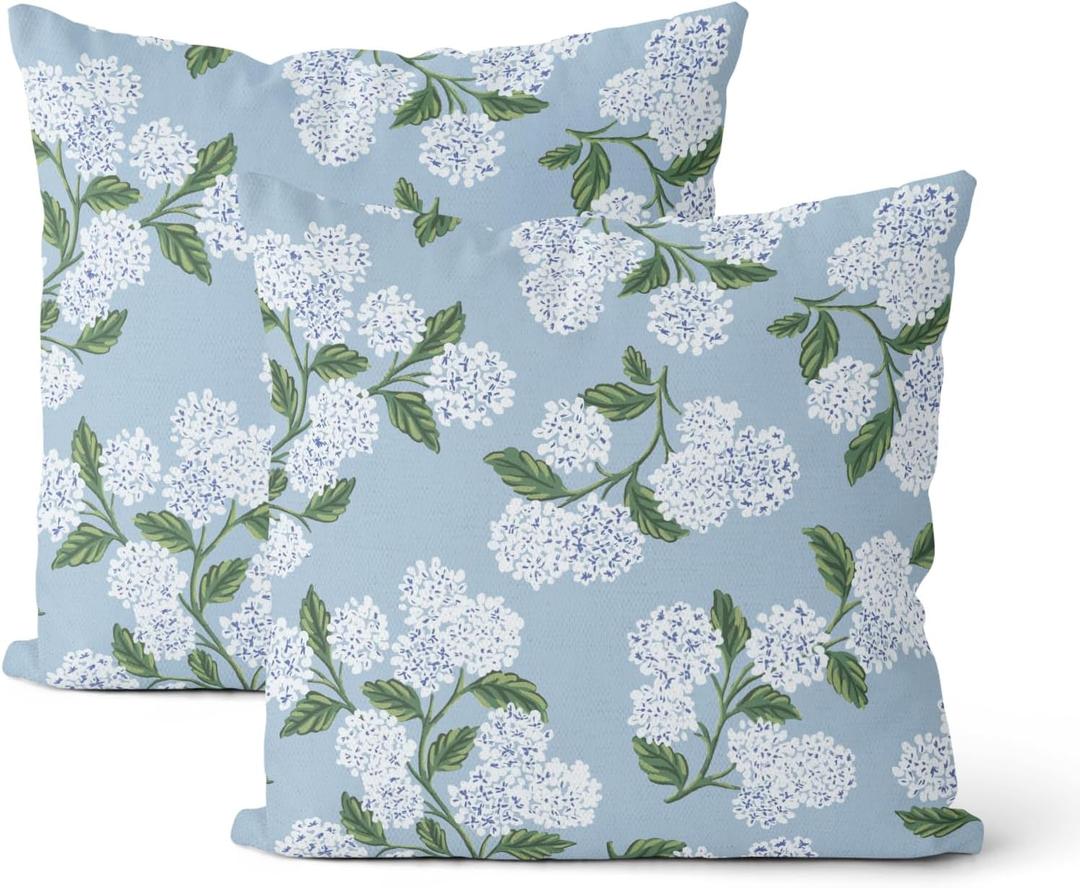 Light Blue Pillow Covers 18x18 Inch 2 Pcs Blue Green Hydrangea Flower Decor Throw Pillows Vintage Floral Seasonal Spring Summer Outdoor Decoration Pillowcase Linen Cushion Cover for Couch Sofa