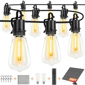 Solar String Lights Outdoor Waterproof 100ft with 52 Shatterproof, Solar Lights Outdoor Remote ST38 Vintage Edison Bulbs, Salor Outdoor Light Hanging Lights Waterproof for Outside Backyard