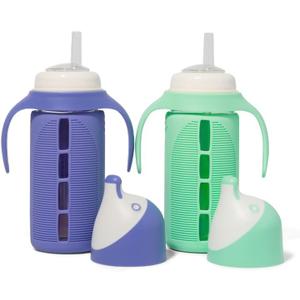 Tabor Place Set of 2 - Glass Sippy Cup for Toddlers - The Luca | Mint Green & Indigo Purple | Spill-Proof | Silicone Straw | 8 oz | Liquids Never Touch Plastic | Removable Handles
