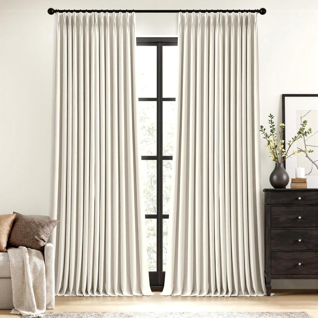 MIULEE Natural Pinch Pleated 100% Blackout Linen Curtains 102 Inch Length 2 Panels Set, Pleat Curtains with Pin Hooks, Black Out Light Blocking Room Darkening Drapes for Bedroom Living Room Window