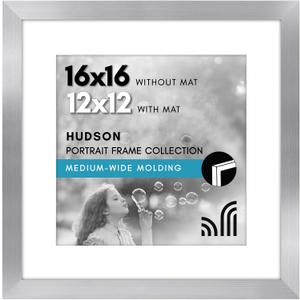 Americanflat 16x16 Picture Frame with Polished Plexiglass - Use as 12x12 Frame with Mat or Display 16x16 Photo Without Mat - Hudson Collection - Wide Square Frames for Wall Display - Silver