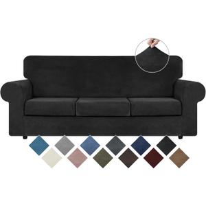 WEERRW 4 Pieces Velvet High Stretch Couch Covers for 3 Cushion Couch Sofa Slipcovers, Washable Furniture Protector with Non Slip Elastic Bottom, Feature Soft and Thick Plush Fabric, Black, Large