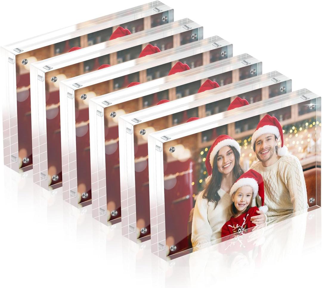 4x6 Acrylic Picture Frame Set of 6, 20mm Thick, Double-Sided Transparent Magnetic Frameless Photo Frame, Desktop Freestanding Display for Office or Home Decor