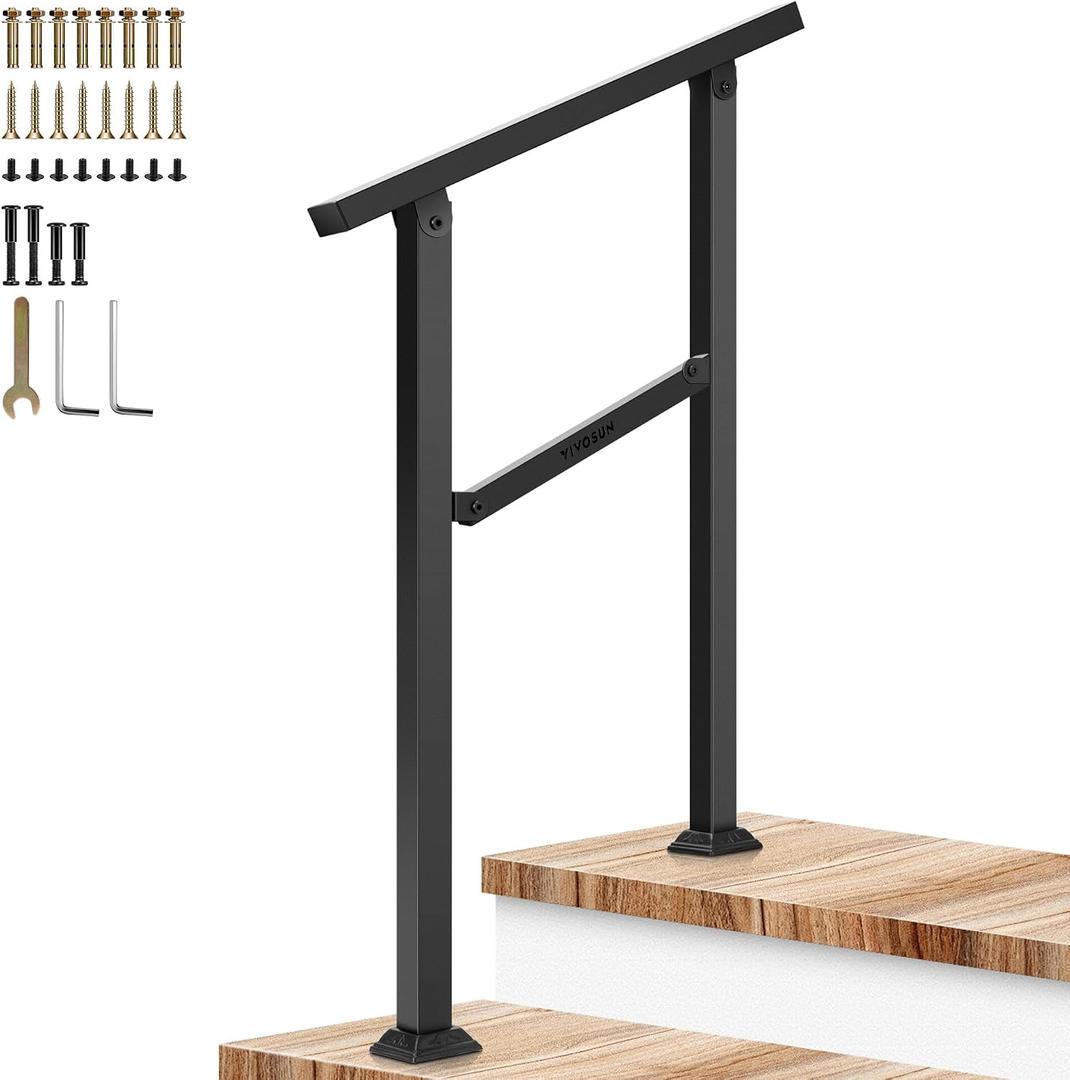 VIVOSUN Outdoor Handrail, 2 Step Stair Handrail, 26" 36" Fits 1 to 2 Steps, Wrought Mattle Iron Handrail for Concrete Steps, Porch Steps, One-Step Assembly, Black