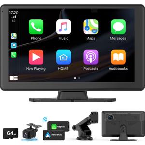 Wireless Carplay Screen for Car with 5K Dash Cam, 9" Portable Apple CarPlay & Android Auto Car Stereo with 1080p Backup Camera, Bluetooth/GPS Navigation/Voice Control/Mirror Link (black)