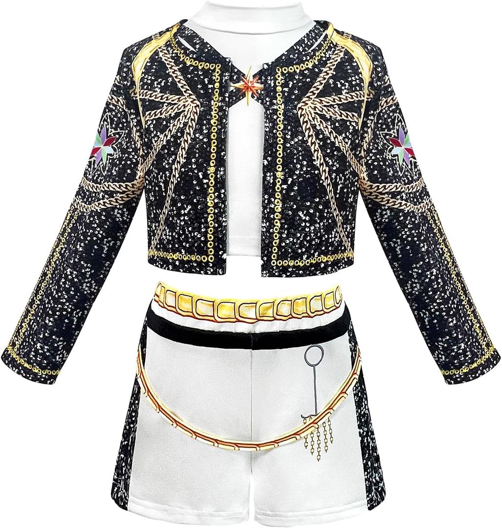 RUXINRUA Girls Cosplay Costume, Demon Hunters Kids Lining Jacket Shorts 3PCS Uniform Outfits with Wig (3-4 years)