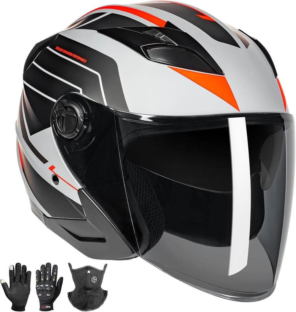 Open Face 3/4 Motorcycle Helmets for Adult Men Women, DOT Approved Dual Visor Street Bike Racing Helmet, Motorbike ATV Moped Cruiser Helmet with Gloves & Mask (Matte Gray Red, M)