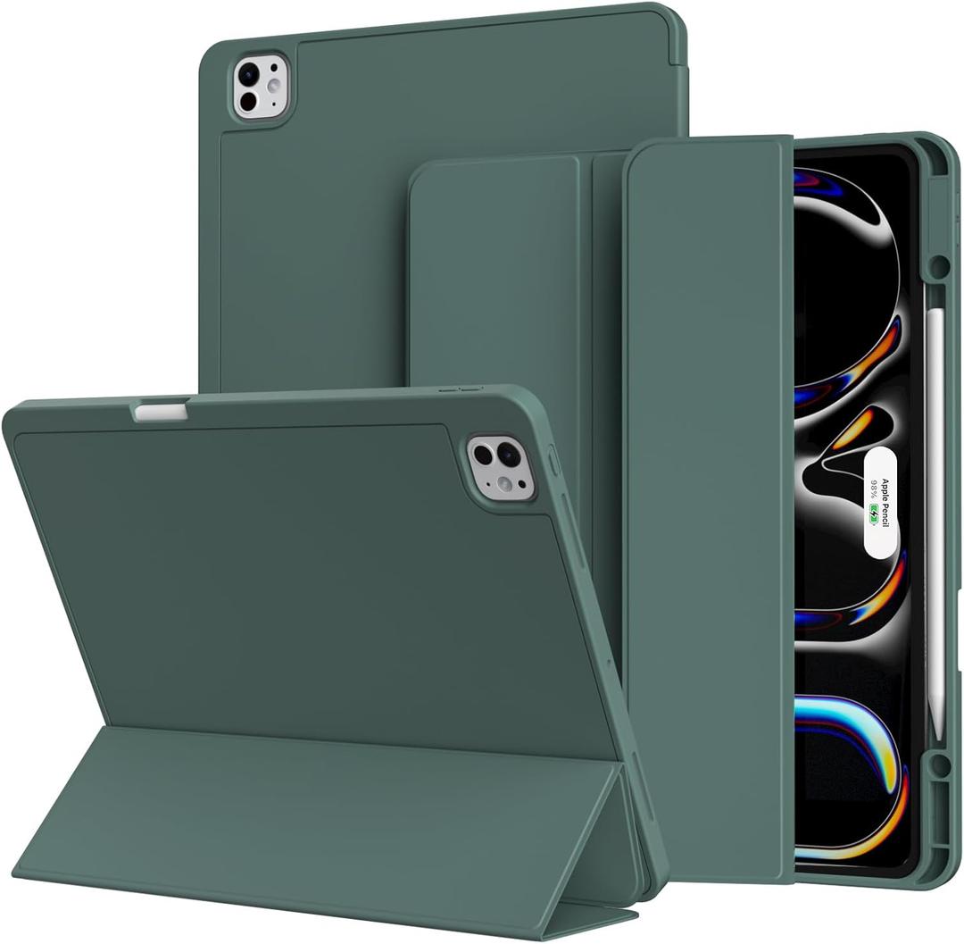 kenke Case for iPad Pro 13 Inch (M4) 2024 7th Generation with Pencil Holder, Slim Trifold Smart Cover with Soft TPU Back, Supports Pencil Pro and Pencil(USB-C), Auto Sleep/Wake, Dark Green