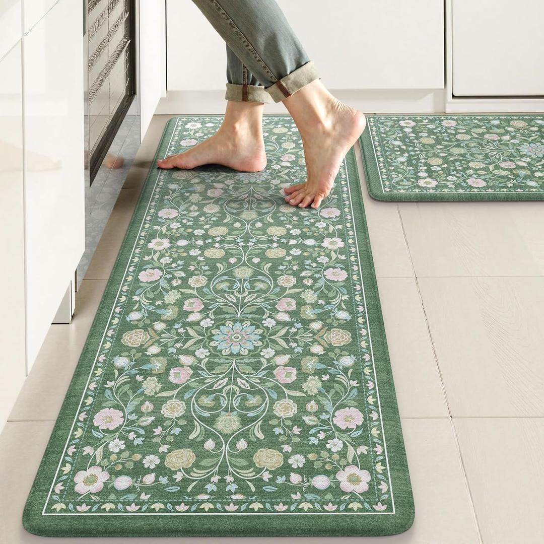 KIMODE Comfort Kitchen Mats for Floor Cushioned Anti Fatigue,Farmhouse Floral Spring Kitchen Rugs Sets of 2 Non Slip,Memory Foam Standing Carpet for Laundry Sink Office,Green (17.3" x 47 "+ 17.3" x 29 "--0.47 inches)