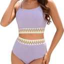 Zando High Waisted Bikini Sets Ribbed Swim Suits for Women 2025 Modest Color Block 2 Piece Swimsuits for Curvy Women Adjustable Straps Tummy Control Purple Bathing Suit Sporty Swimwear Large
