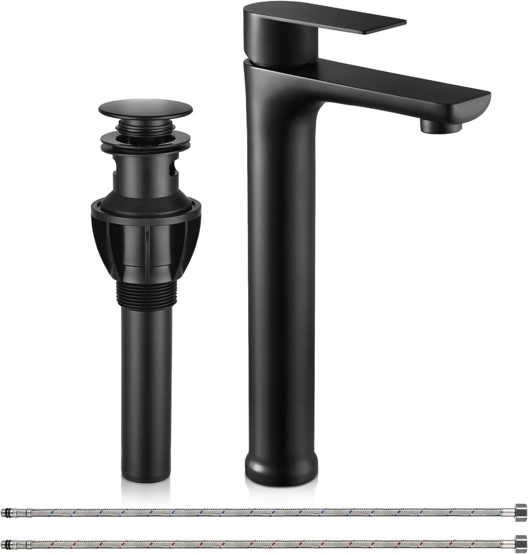 Matte Black Bathroom Vessel Faucet,Round Black Faucet for Vessel Sink,Black Stainless Steel Vessel Sink Faucets,Single Handle Lavatory Vanity Faucets with Drain & Water Hoses