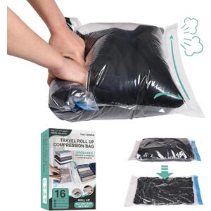 Compression Bags for Travel - Travel Essentials - 16 Pack Space Saver Bags - No Vacuum Needed - Compression Packing Bags for Cruise Accessories