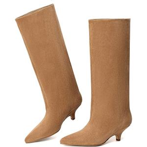 vivianly Knee High Boots for Women Pointed Toe Fold Over Black Boots Kitten Heel Comfortable for Dress & Daily Wear Size 7.5