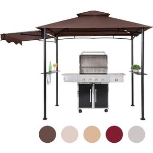 FAB BASED 5x8 Grill Gazebo with Extra Awning, All-Weather Steel Construction, Double Tiered & Resistant Canopy Roof, Metal Serving Shelves, 2 LED, Bottle Opener for Patio, Backyard, BBQ (Brown)