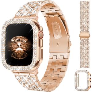 JR.DM Diamond Bands with Bling Case Women Compatible with Apple Watch 40mm 38mm 41mm 44mm 45mm 42mm 46mm 49mm Luxury Metal Bracelet Replacement Strap for iWatch Series 11/10/9/8/7/6/5/4 SE/Ultra 3/2/1