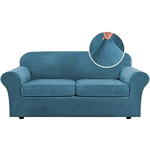 H.VERSAILTEX Real Velvet Plush 3 Piece Stretch Sofa Covers Couch Covers for 2 Cushion Couch Sofa Slipcovers Width Up to 90 Inch Feature Thick Soft Stay in Place (Large Sofa, Peacock Blue)