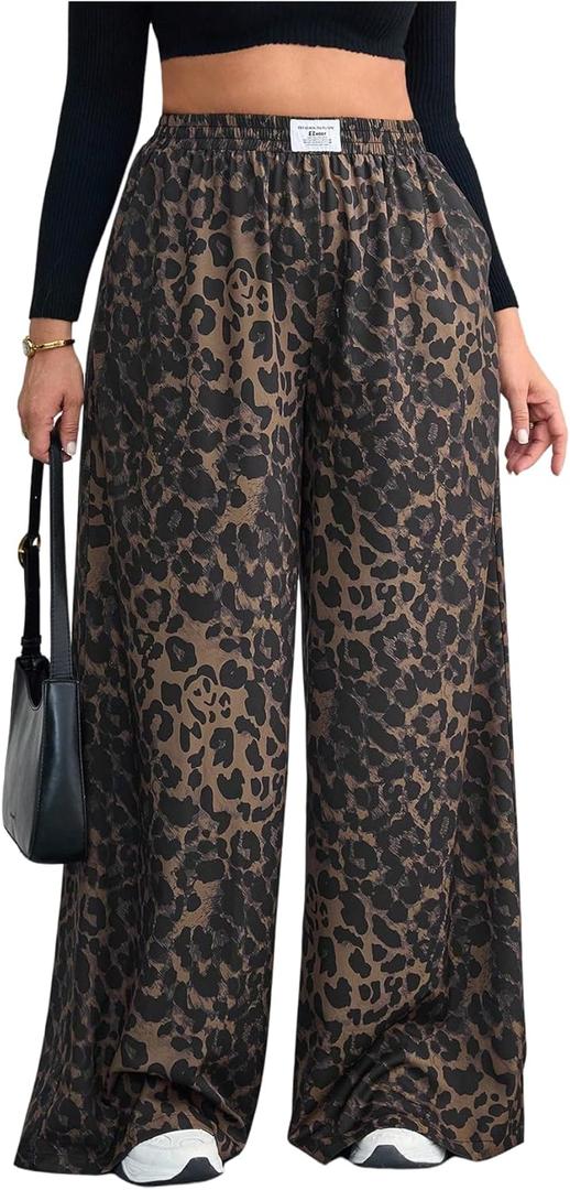 SOLY HUX Women's Plus Size Leopard Pants Cheetah Print High Waisted Baggy Wide Leg Pants Trousers with Pockets Brown Leopard X-Large Plus