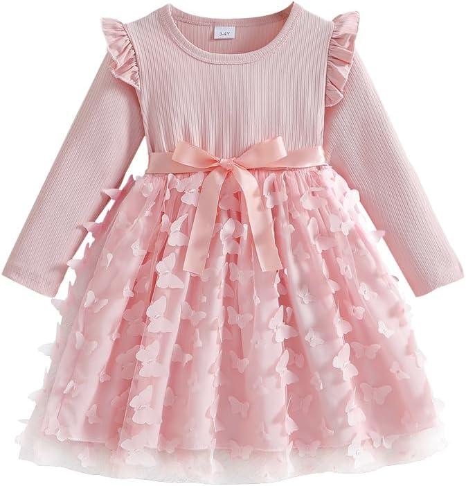 UPlee Toddler Girl Tulle Dress Winter Ruffle Long Sleeve Baby Girl Fashion Casual Tutu Dresses 2-3Y