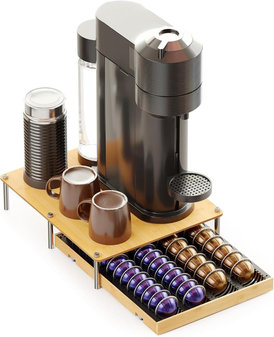 SpaceAid Bamboo Coffee Pod Holder Drawer Storage Compatible with Nespresso Vertuo Capsules, Coffee Station Accessories Holder Organizer Tray Compatible with 40 Big or 56 Small Pods, Natural (12.8"W x 15.6"D)