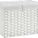 135L Wicker Storage Basket with Lid, Handwoven Large Shelf Basket with Removable Liner, 35.7 Gallon Wicker Basket for Blanket, Storage Trunk with Handle for Closet, Bedroom, Livingroom, Brown, White (135 L(23.62 x17.72 x 19.68 Inches))
