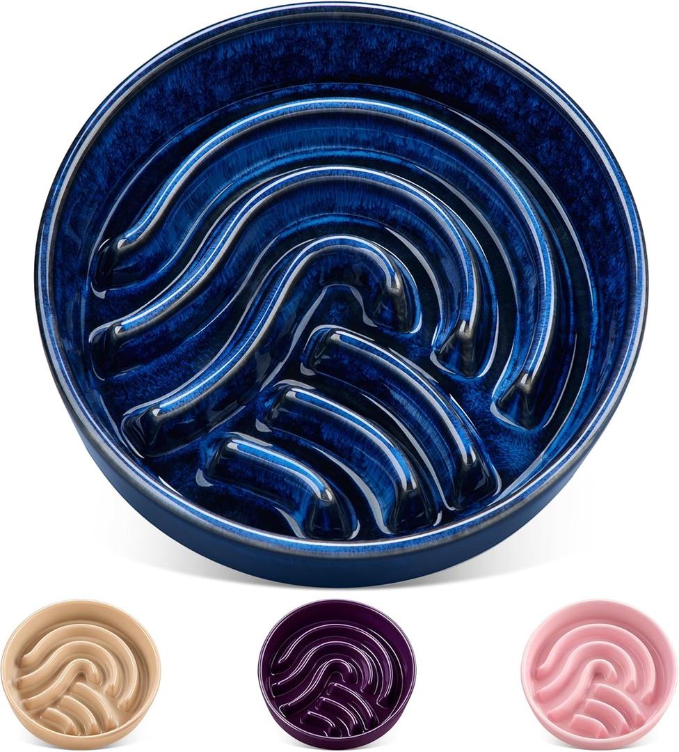 Slow Feeder Dog Bowl, 3 Cup Ceramic Slow Feeding Food Dish for Large Breed, Puzzle Dog Food Bowl for Fast Eater, Blue