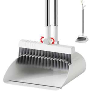 Broom with Dustpan Combo Set, Broom and Dustpan Set with Adjustable Handle, Self-Cleaning Dustpans Teeth for Home Kitchen Office Hall Floor, ZeroGap Lip (White&Grey)