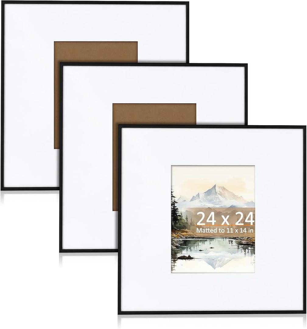 Wonderjune 3 Pcs Matte Black Metal Picture Frames Aluminum Alloy Thin Border Square Frames with Fit for Photo with Mat or Photo Without Mat (24x24 Inch11x14 Inch), 24x24 Inch11x14 Incch
