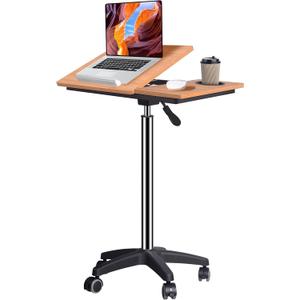 wishacc Rolling Desk Adjustable Height, Mobile Standing Desk on Wheels, Small Portable Sit Stand Laptop Cart, Wood Computer Desk with Cup Holder for Home Office (Extra Large) | XL Bamboo Top, Large Compact Surface, Gas Spring Lifting System, 5-Position Tilting, 4 Lockable Caster, Heavy-Duty Frame