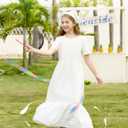 PATPAT Girl's Maxi Dress Boho Short Sleeve Long Dresses Casual Sundress with Pockets 5-14 Years (10-11 Years, White)